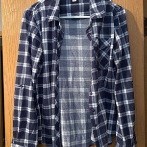 Navy and White Plaid Button-Up Shirt